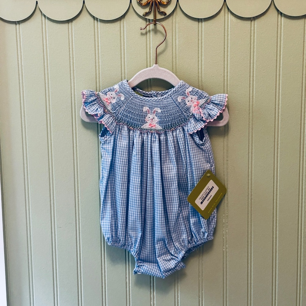 Velani -Gingham Baby Romper with Smocked Bunnies